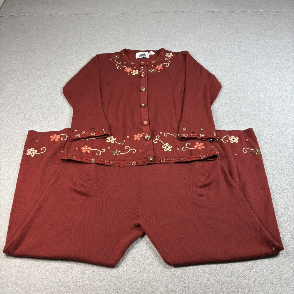 Storybook Knits Sweater Pants Set Womens Large Red Floral Embroidered Beaded
